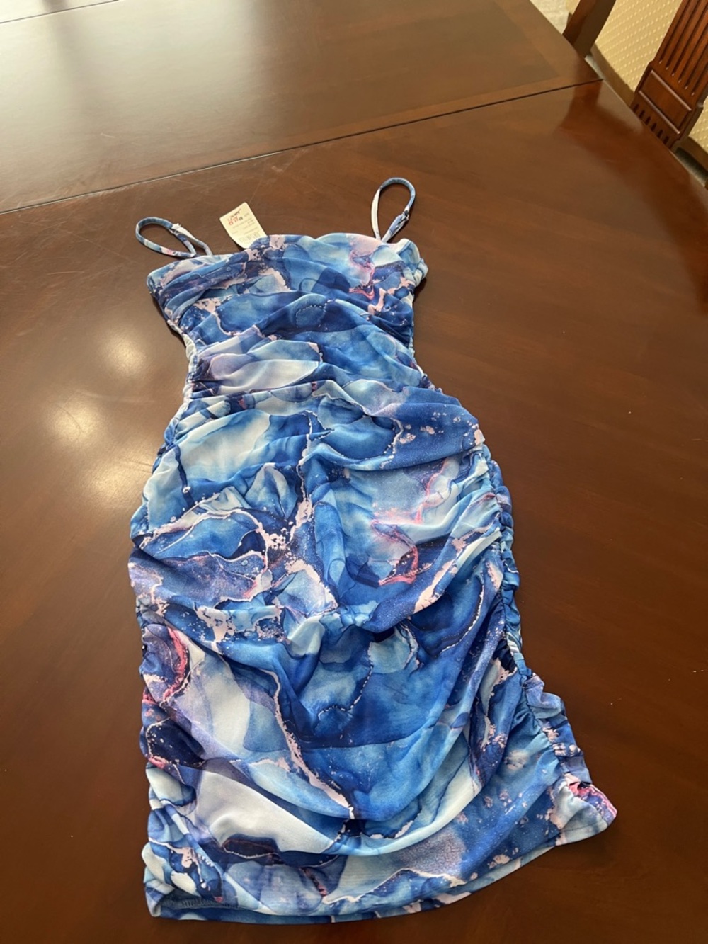 Windsor Blue Marble Print Slip Dress with Pink Accents